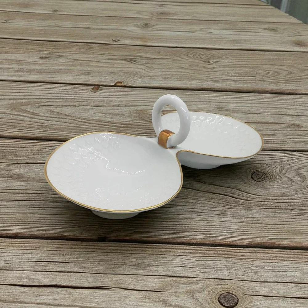Vintage Limoges France Double Clam Shell Dish Trinket White Porcelain Gold Trim